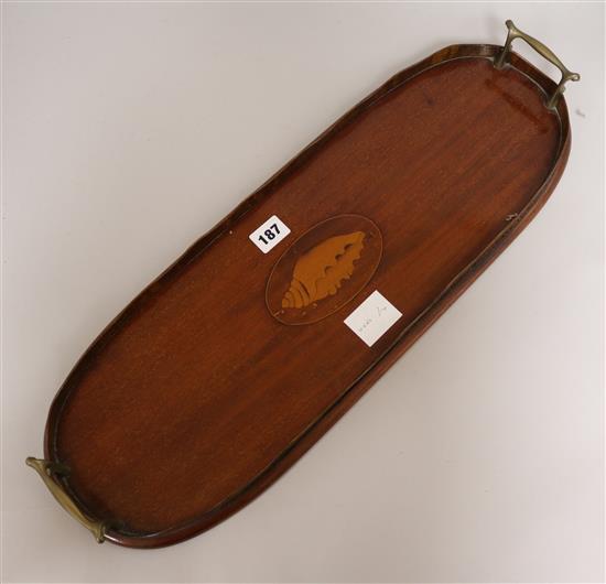 An Edwardian inlaid mahogany two handled tea tray, W.58cm hand-handle 57cm